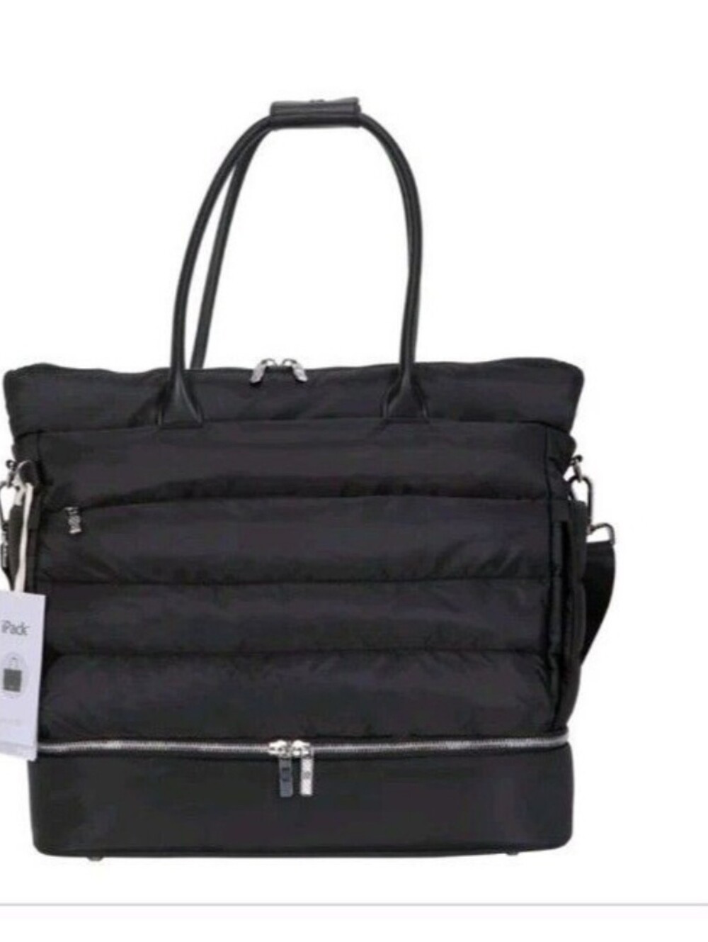 iPack Puffy Fashion Tote Luggage Black Bag Travel Adjustable Strap Laptop Pocket